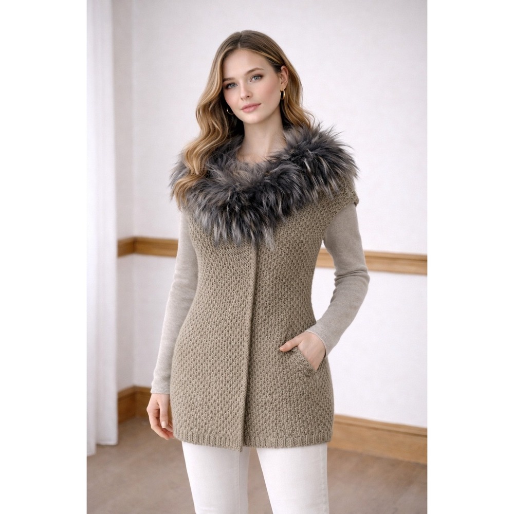 Berretti Sweater Women Small Brown Italian Fur Trimmed Knit Vest Cardigan Preppy